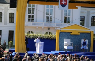 Pope Francis meets with authorities, civil society, and the diplomatic corps in the garden of the Presidential Palace in Bratislava, Slovakia, Sept. 13, 2021. Papal trip pool.